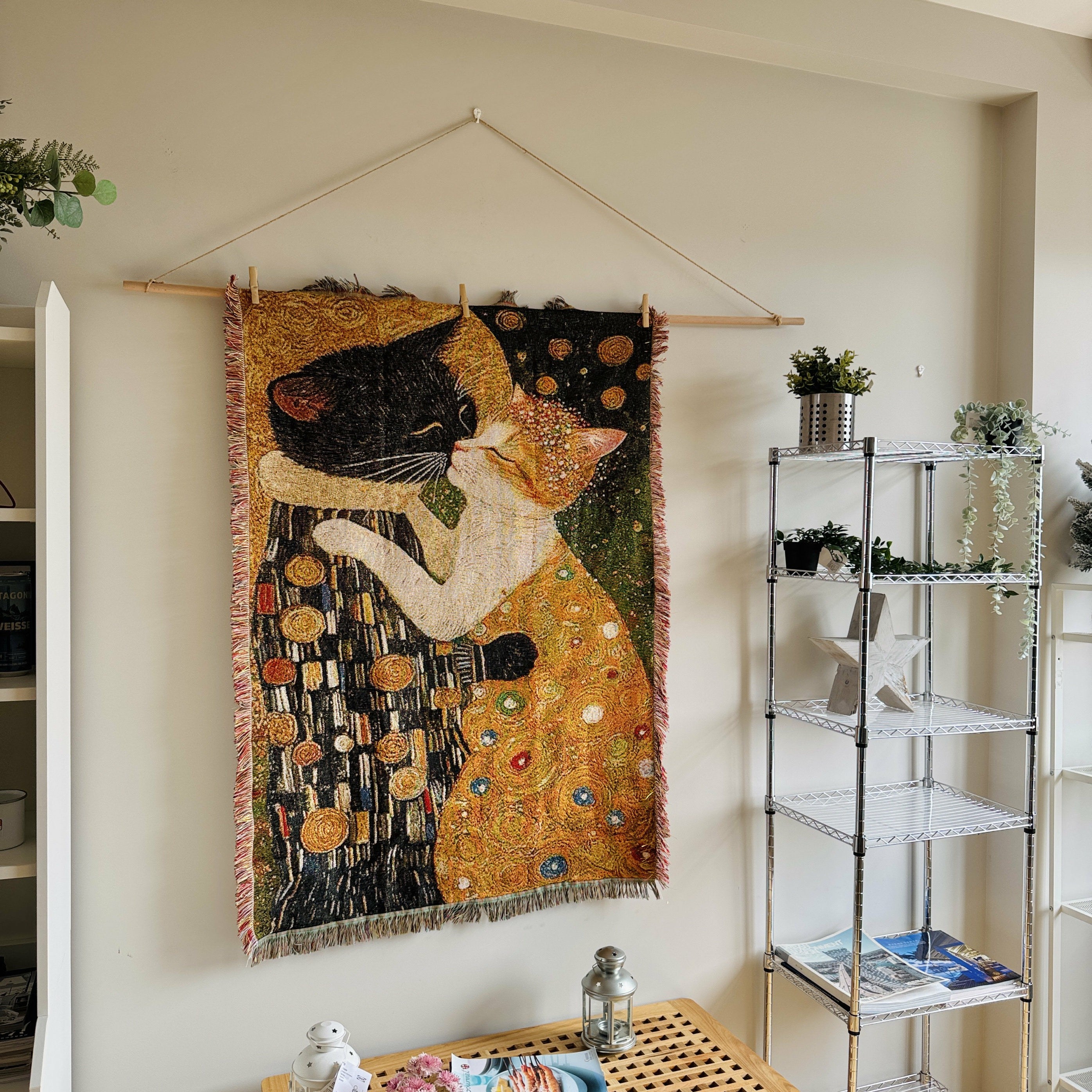 Gilded Cat cotton woven wall tapestry displayed in a modern room