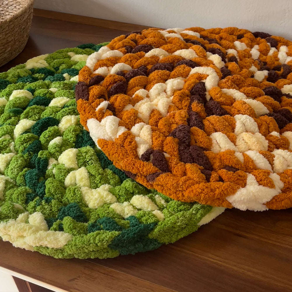 Pebble green and mustard chenille round seat cushion colorways