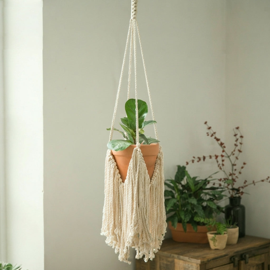 Canopy hand-knotted cotton plant holder for indoor pots