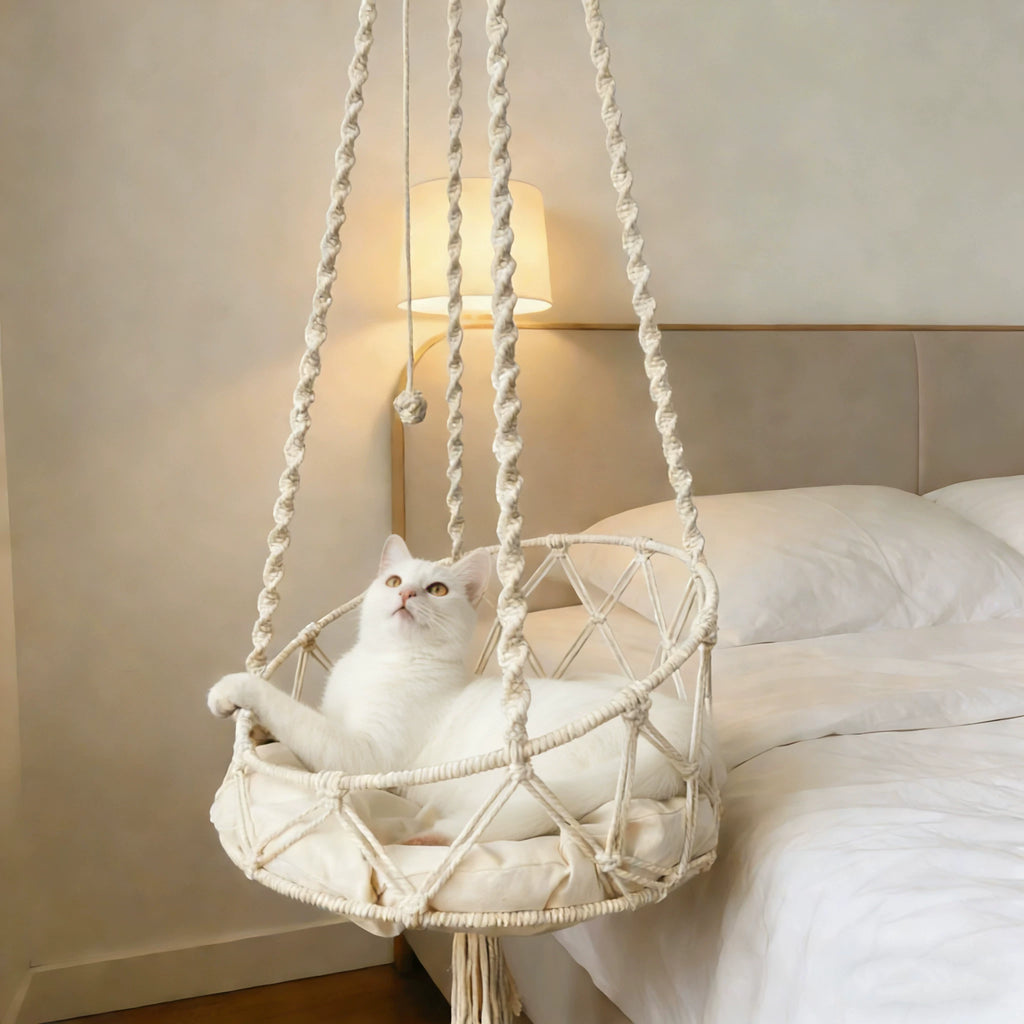 Cat resting in the Nest woven hanging cat bed