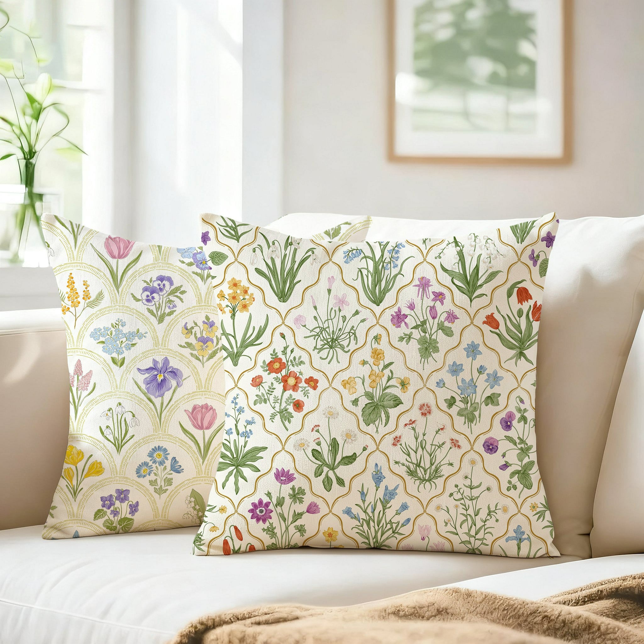 Herbarium Style A and B botanical wildflower pillow covers displayed on a white sofa
