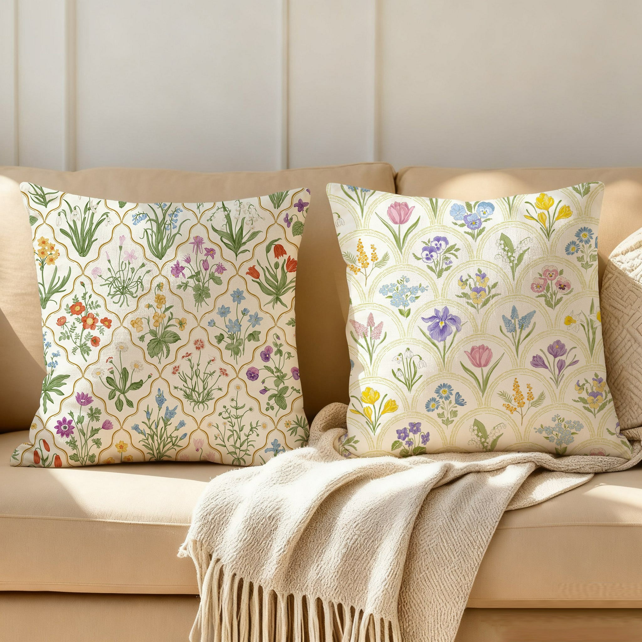Herbarium English garden pillow covers in two cream lattice floral patterns