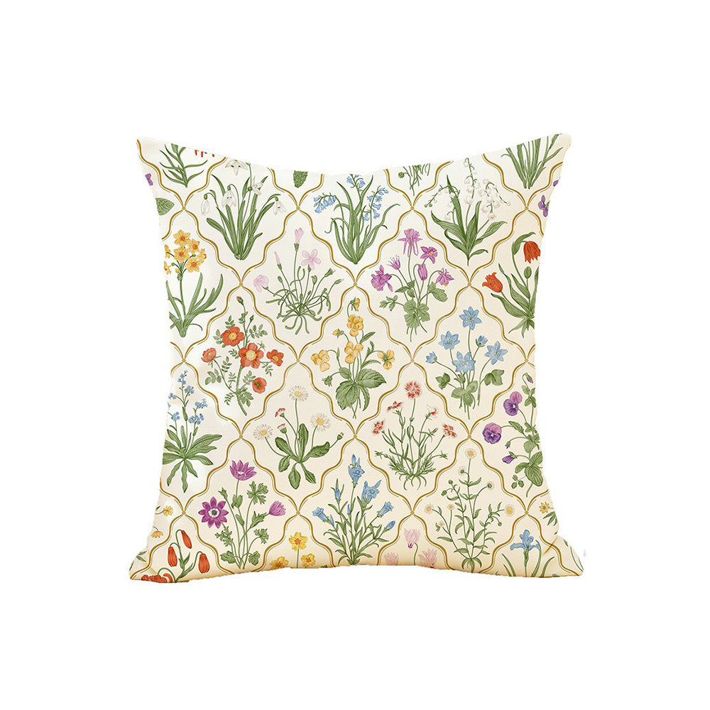 Herbarium botanical wildflower 18x18 pillow cover with cream and gold garden lattice pattern