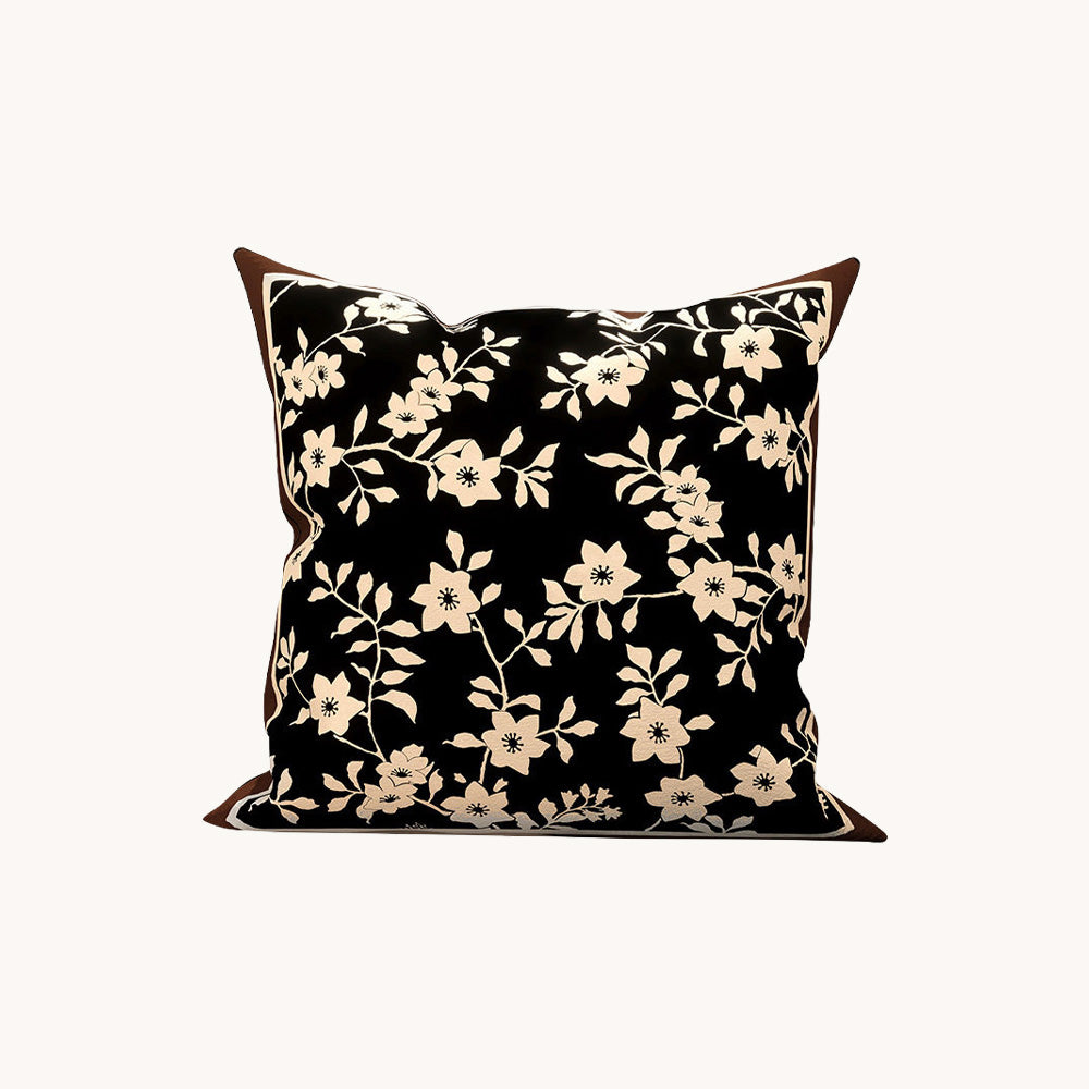 Inkstone black Dutch velvet pillow cover with cream botanical floral pattern