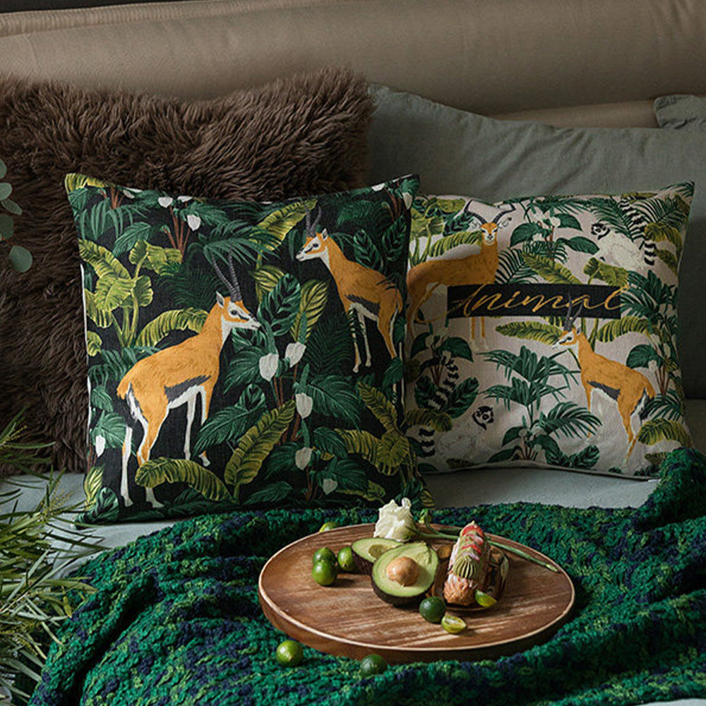  Safari wildlife decorative pillows creating a vibrant tropical home atmosphere.