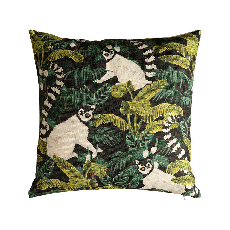  Ring-tailed lemur jungle pillow cover featuring lush rainforest foliage 