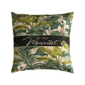 Tropical palm leaf decorative pillow cover with modern typography on natural cotton linen fabric