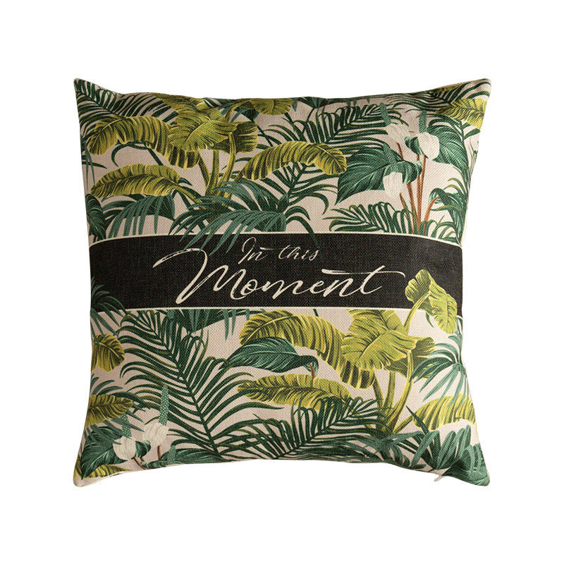 Tropical palm leaf decorative pillow cover with modern typography on natural cotton linen fabric