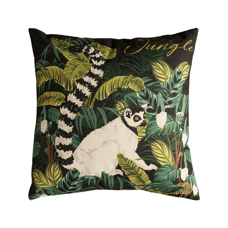 Jungle lemur pillow cover with lush rainforest botanical leaves 