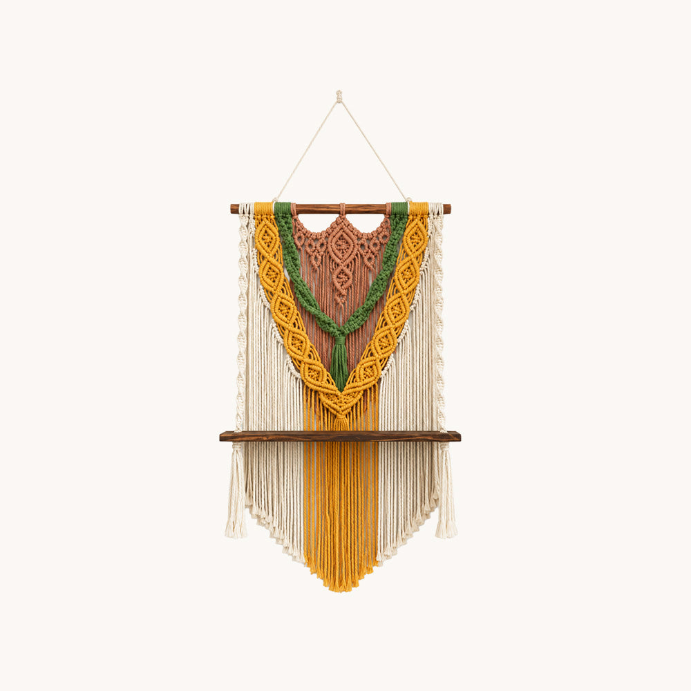 Chromia colorful macrame wall shelf with dark wooden board, geometric knots and fringe
