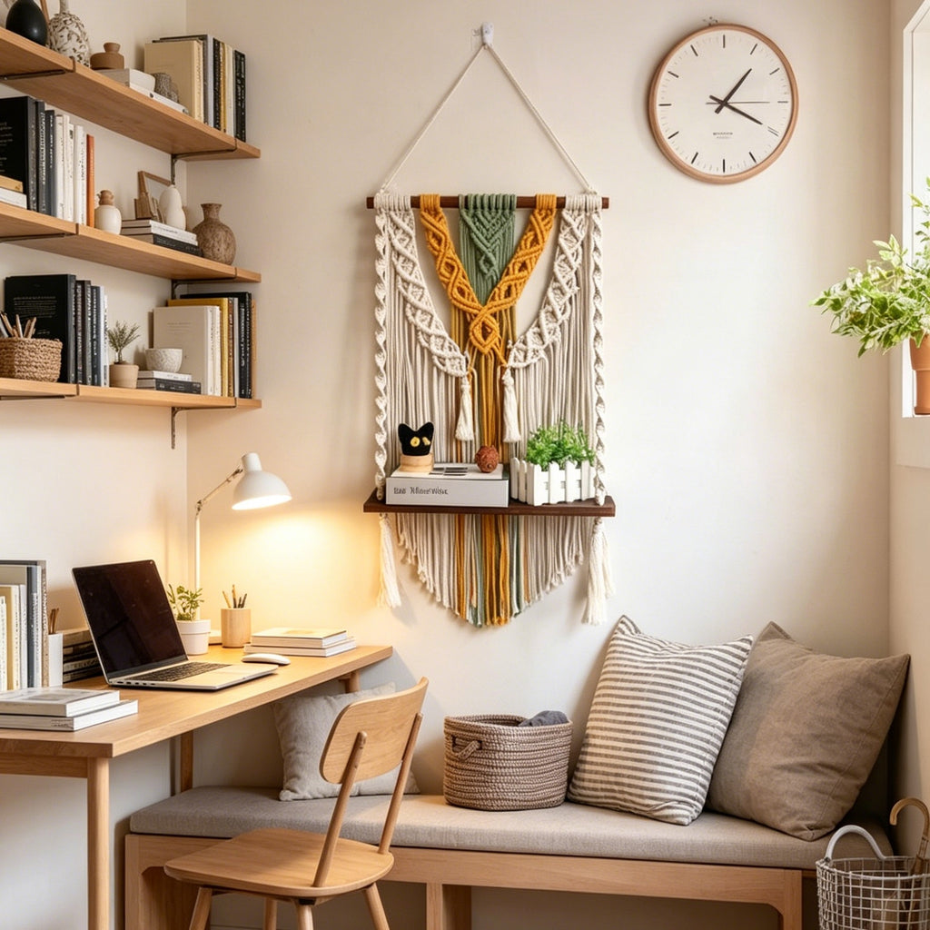  Chromia macrame wall shelf styled with lightweight decor in a home office