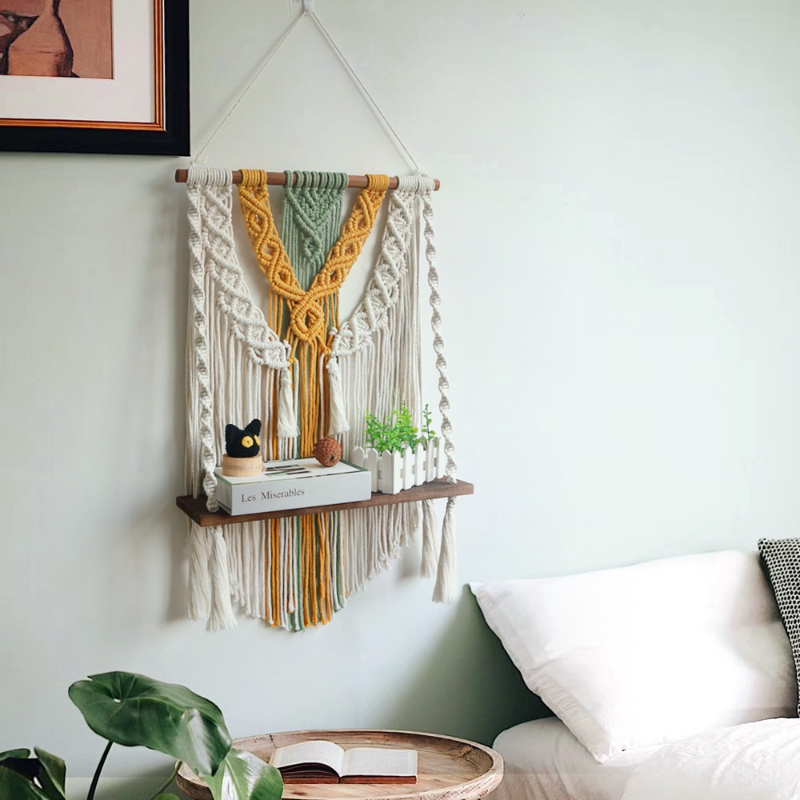 Boho macrame wall shelf with wooden display board and layered fringe