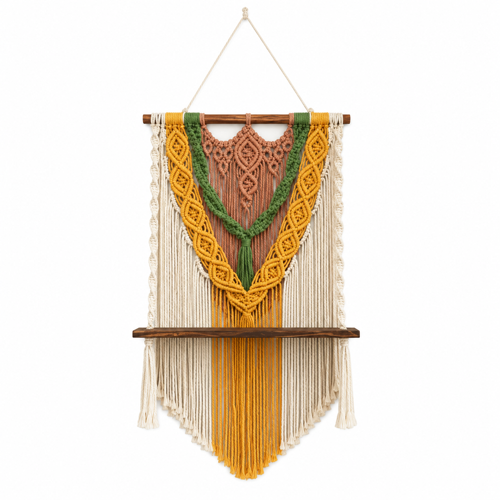   Chromia Style A macrame wall shelf in cream, mustard, sage and terracotta tones