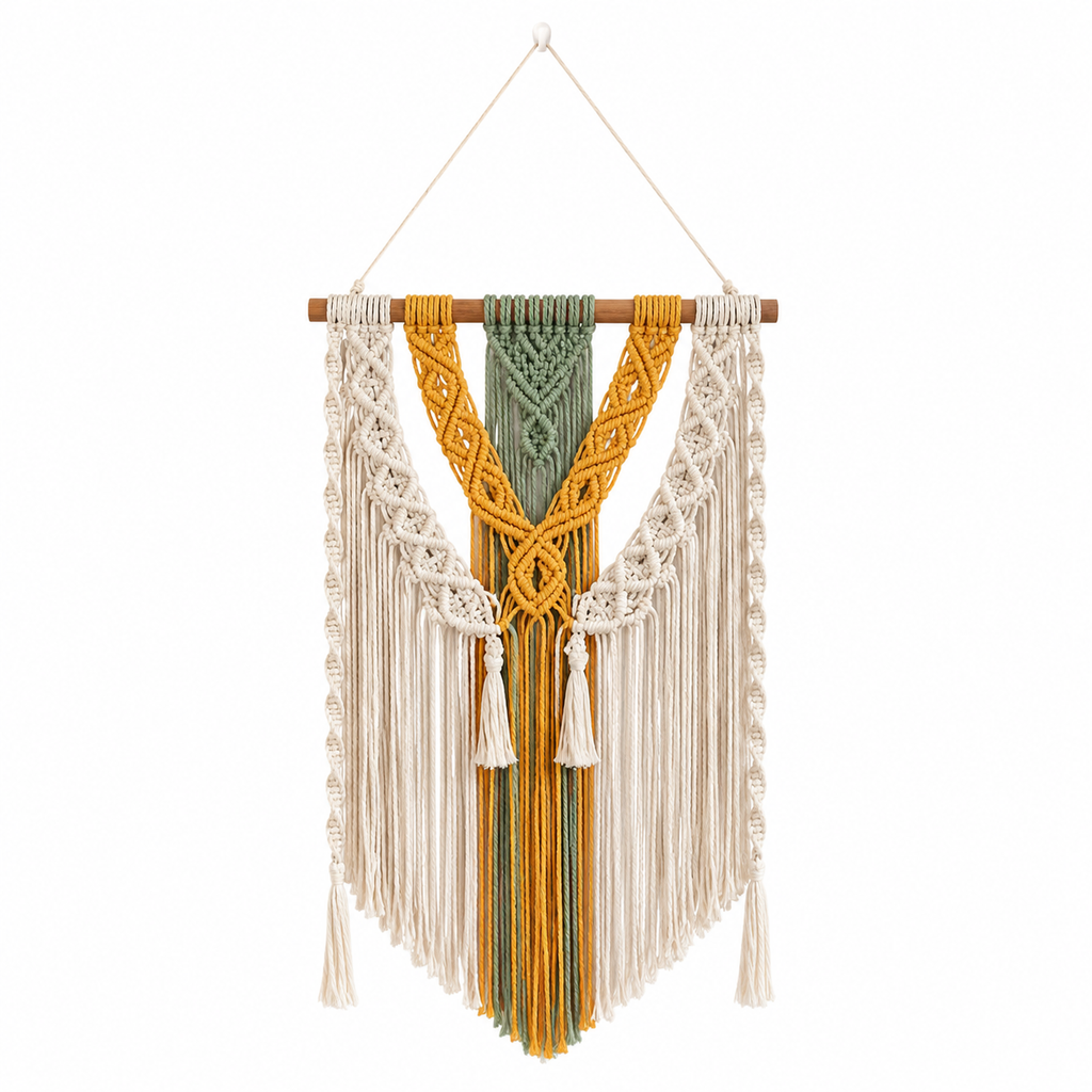   Chromia Style B macrame wall shelf with colorful geometric knots and dark wood board