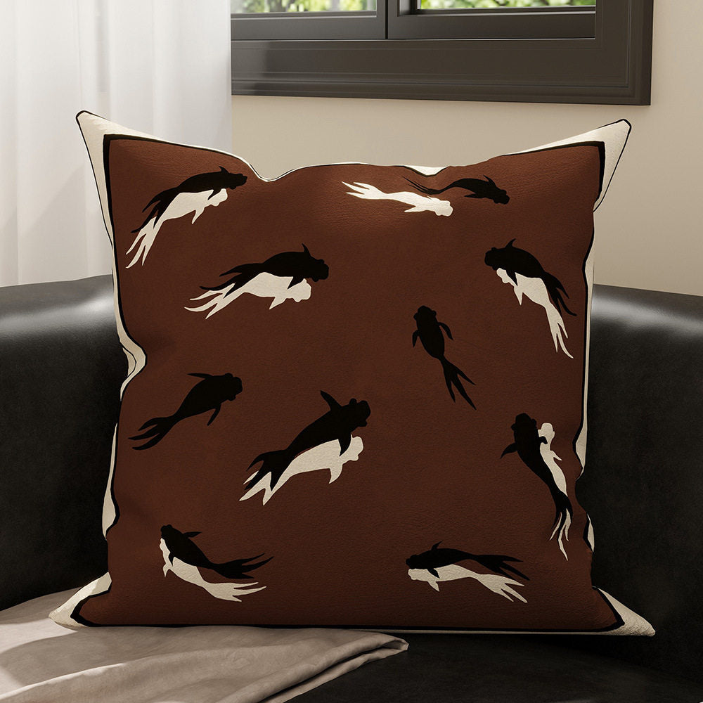 Inkstone brown Dutch velvet pillow cover with light and dark goldfish pattern