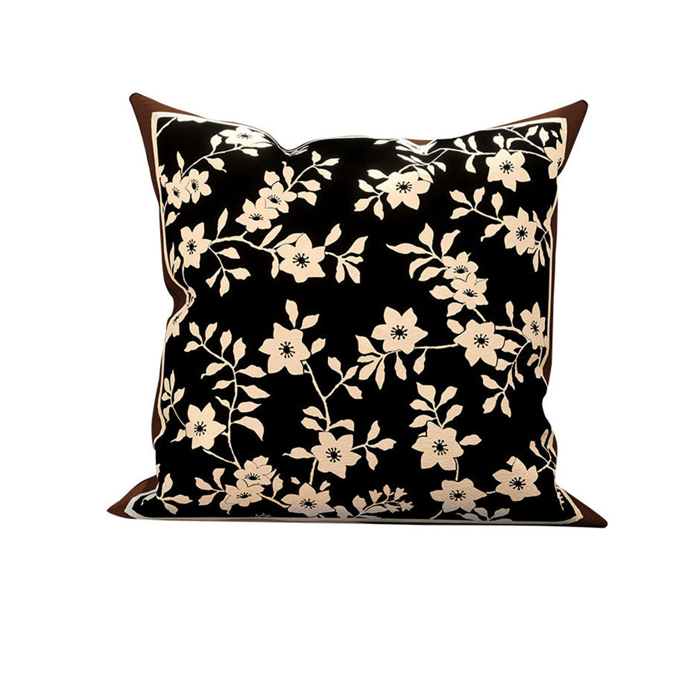 Inkstone black Dutch velvet pillow cover with cream botanical floral pattern