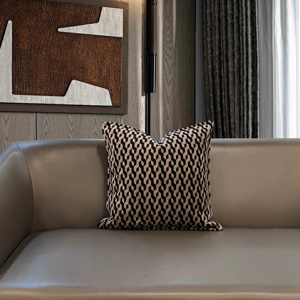 Black and beige woven cushion cover for a contemporary living room