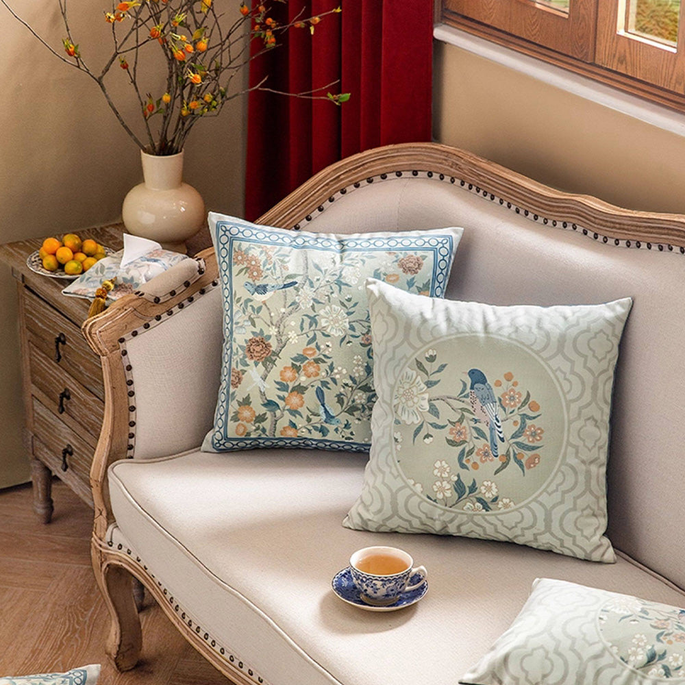 Bluebird floral pillow covers in a cottage-style living room