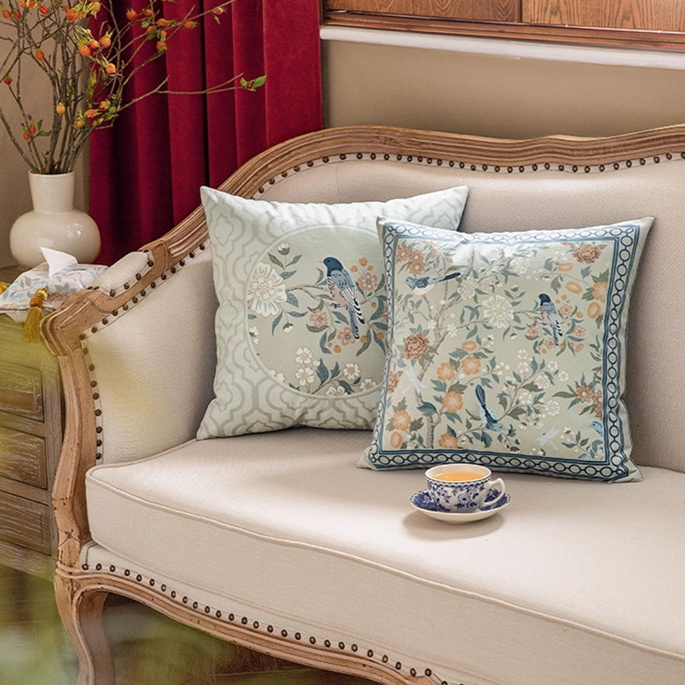 Bluebird botanical short-plush pillow cover detail
