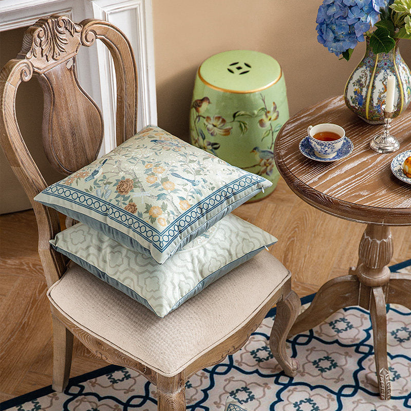 Close-up of stacked Bluebird short-plush pillow covers