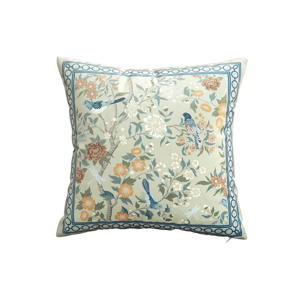 Bluebird Style A botanical pillow cover with blue floral border