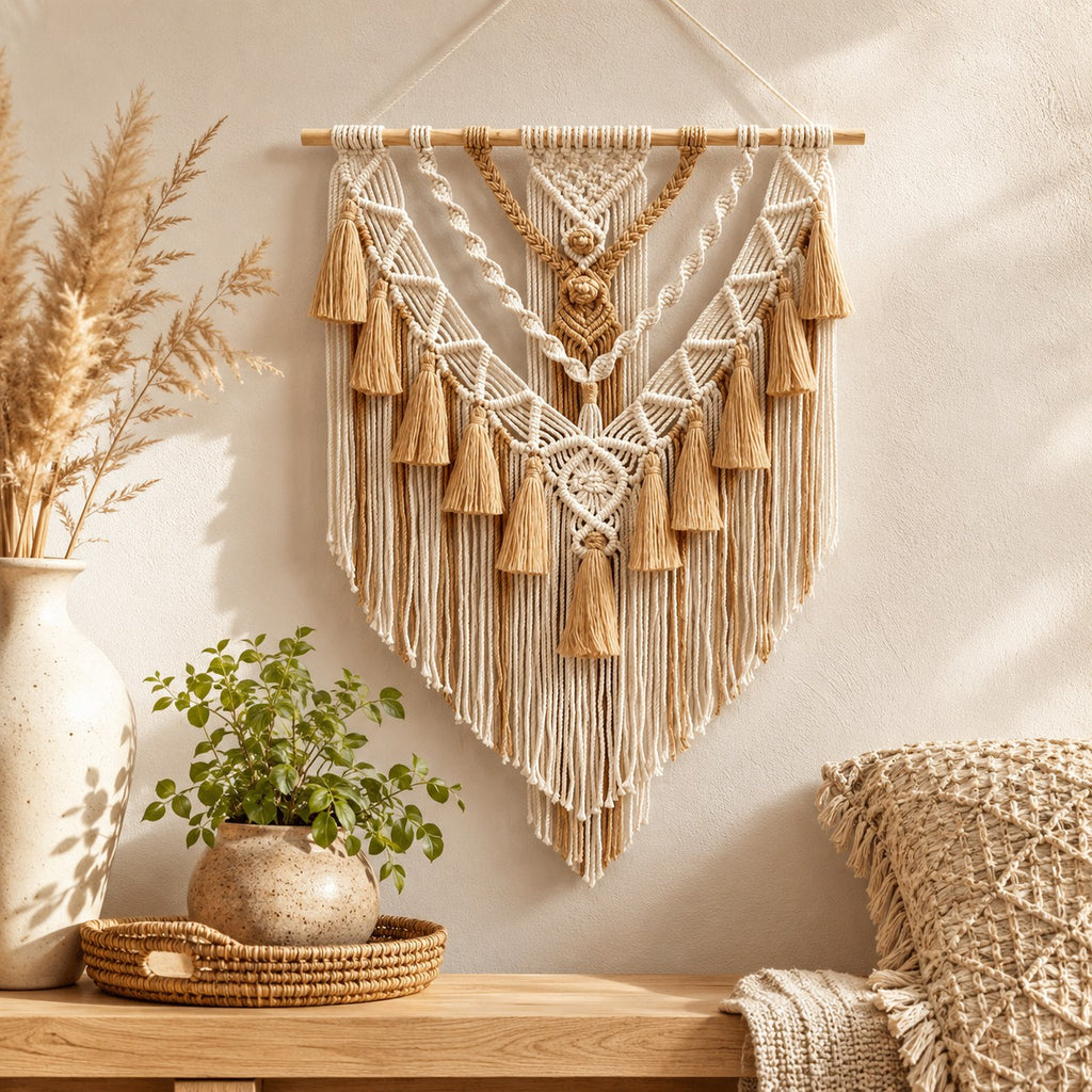Cream and beige woven wall tapestry styled in a warm neutral interior