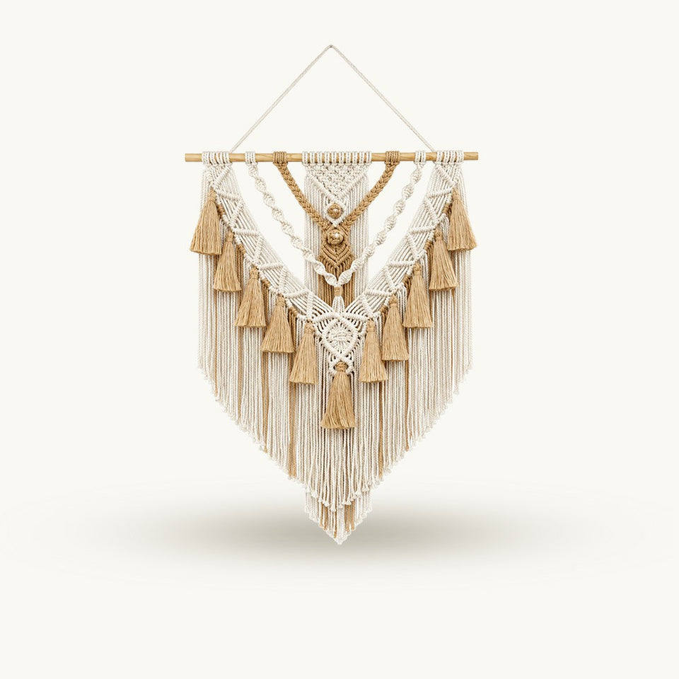 Dunevale cream and beige cotton macrame wall hanging with tassels and long fringe