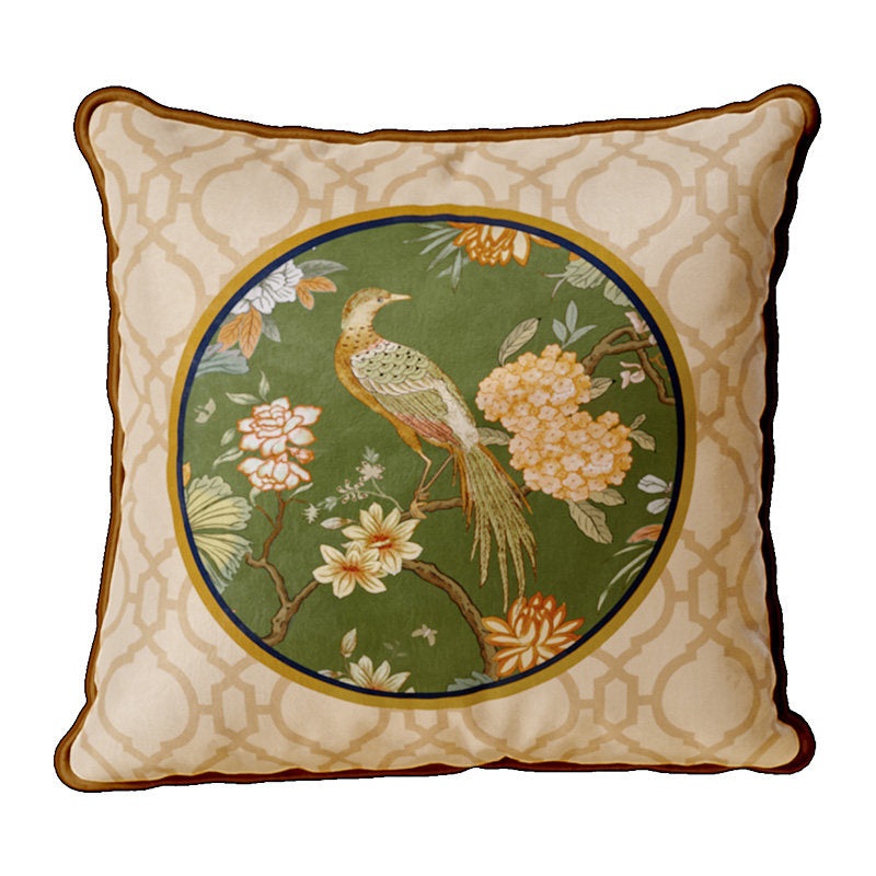 Aviary Style C cream pillow cover with green circular bird and floral medallion