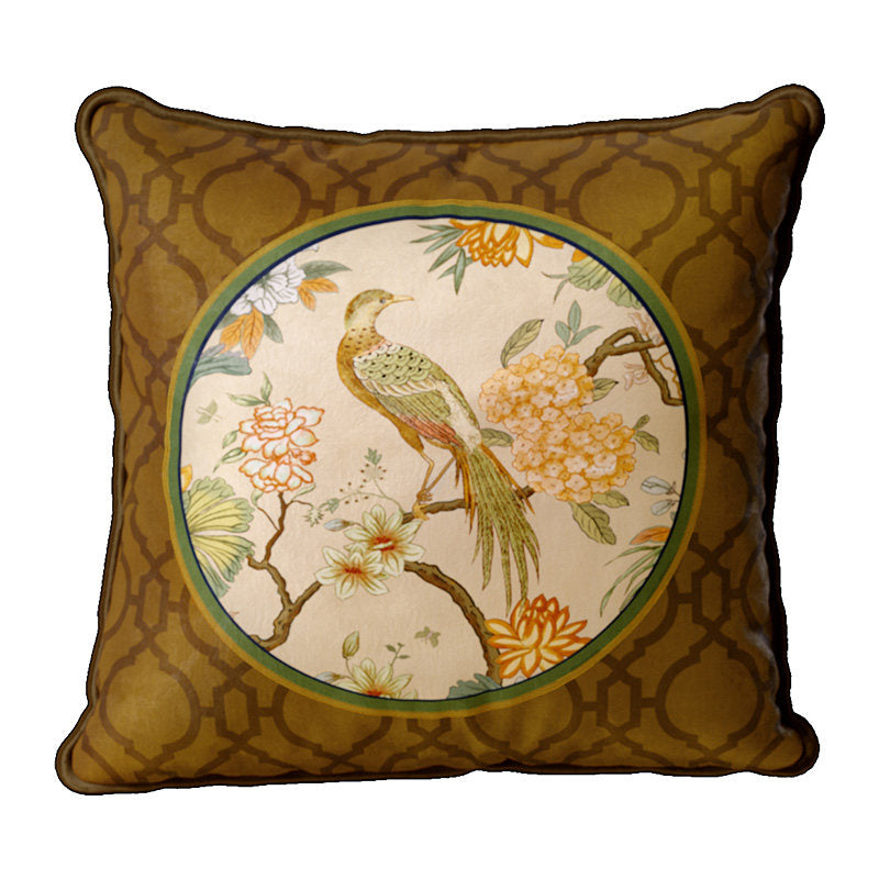 Aviary Style B brown bird pillow cover with cream circular botanical medallion