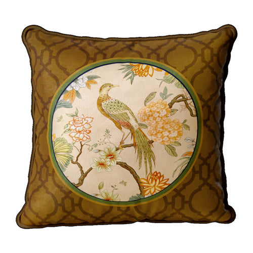 Aviary Style B brown bird pillow cover with cream circular botanical medallion