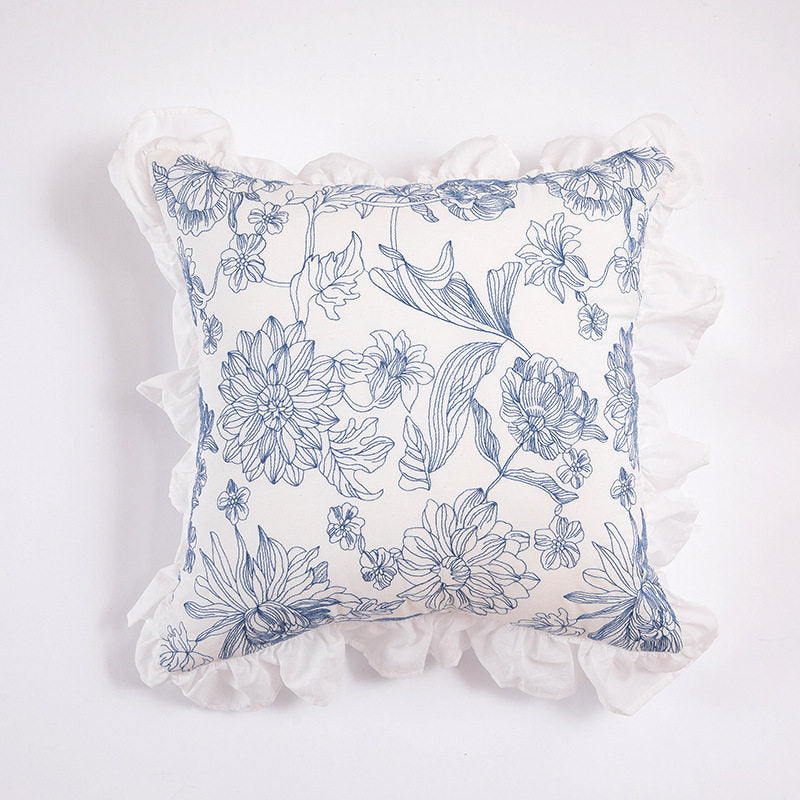 Porcelain blue botanical 18x18 cotton pillow cover with white ruffle edge