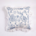 Porcelain blue botanical 18x18 cotton pillow cover with white ruffle edge