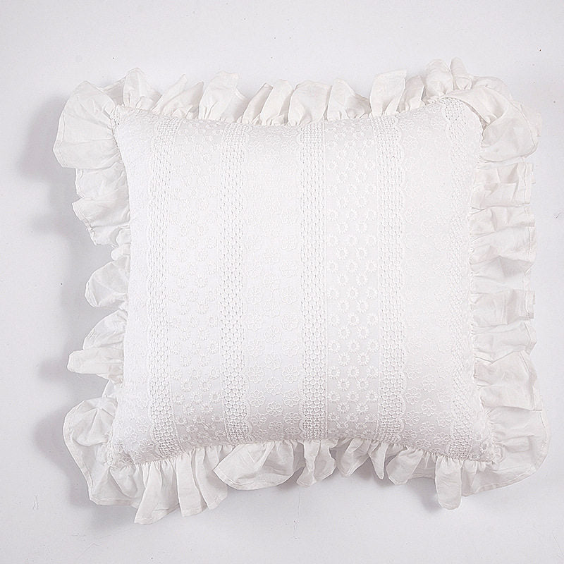 Porcelain white openwork botanical pillow cover with cotton ruffle edge