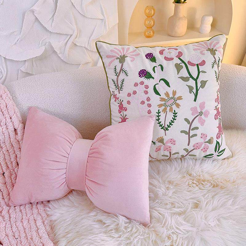 Botanical embroidered cushion cover for feminine bedroom decor