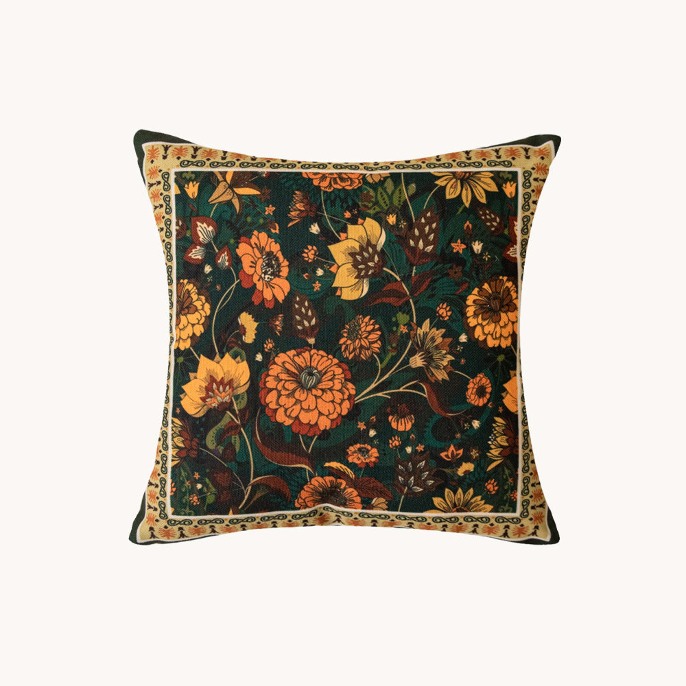 Jacobean dark floral pillow cover with coral teal and gold botanical pattern