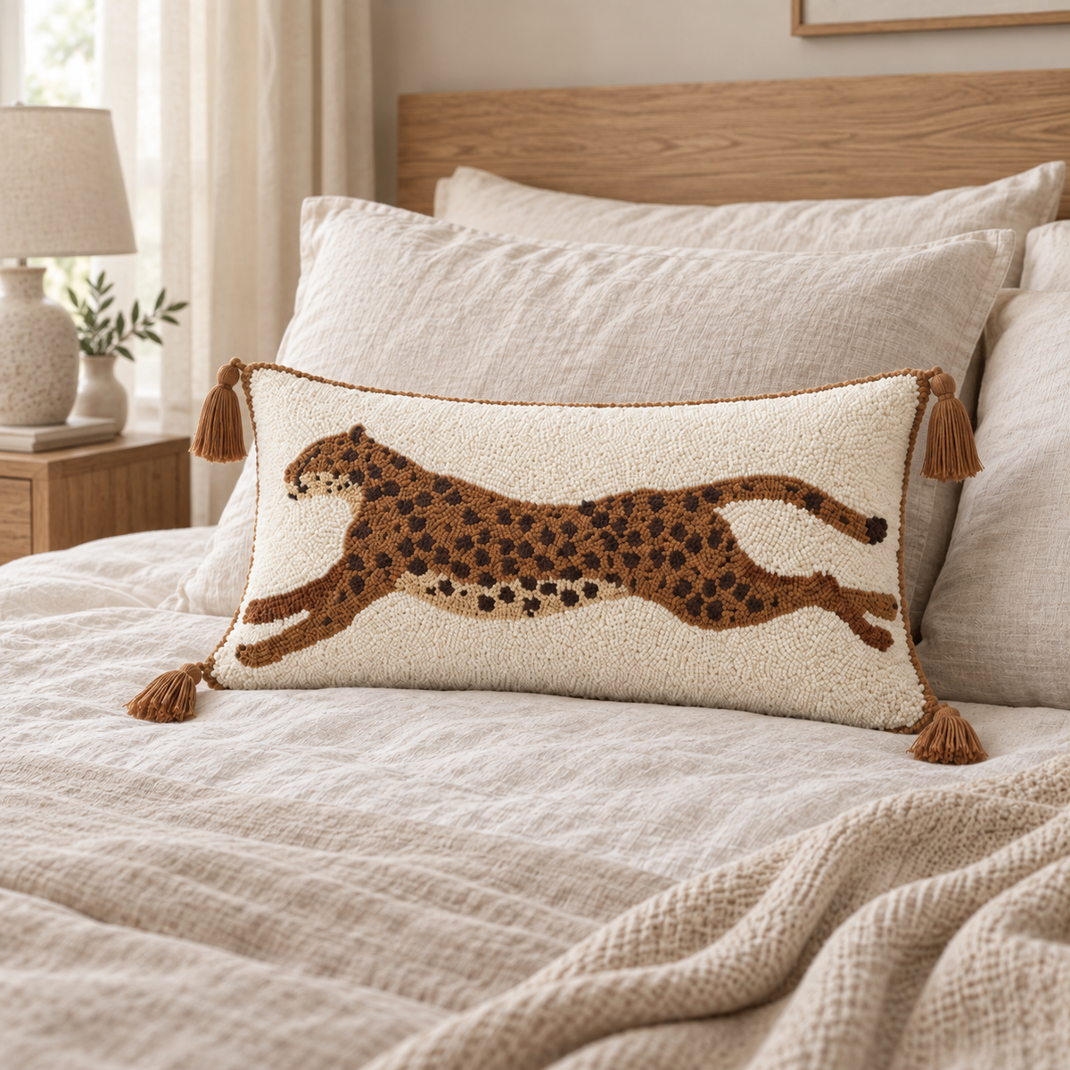 Prowl brown and cream tufted leopard tassel lumbar pillow cover styled on an ivory bed with a wooden headboard