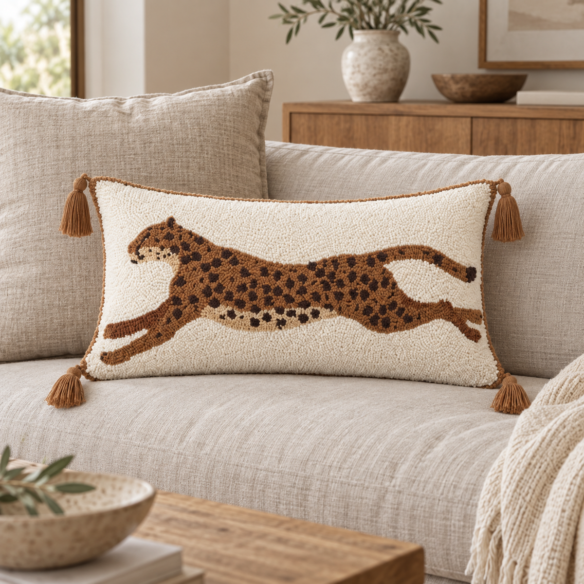 Brown tufted leopard lumbar pillow cover with four corner tassels styled on a cream sofa