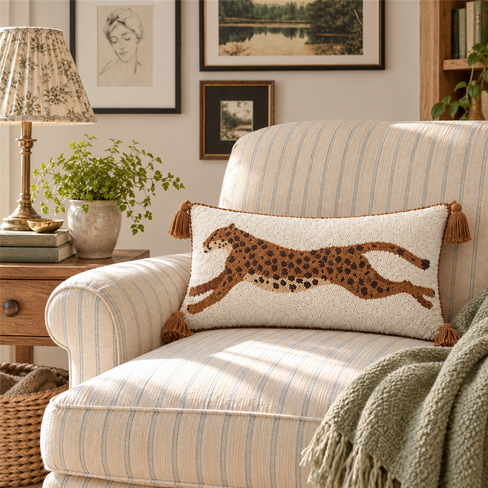 Prowl leopard tassel lumbar pillow cover on a blue striped armchair in a warm living room