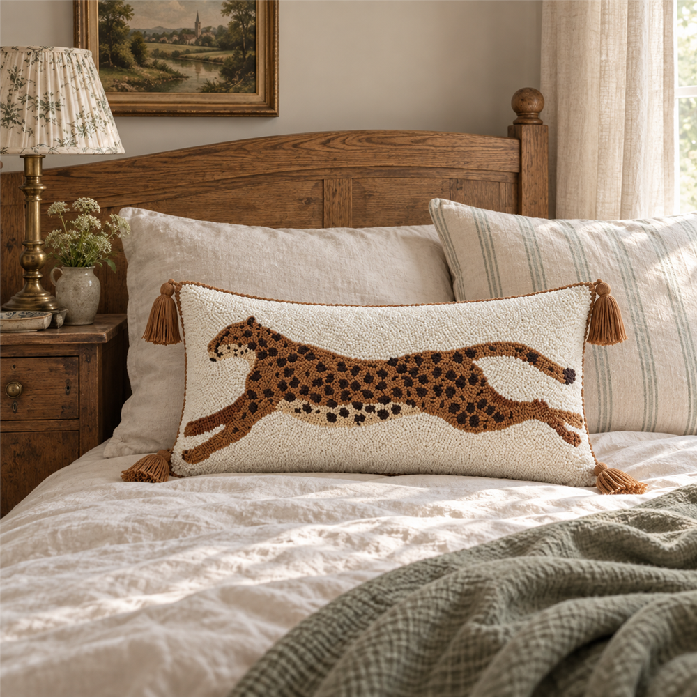 Brown leopard tufted pillow cover on a white bed with a rustic wooden headboard