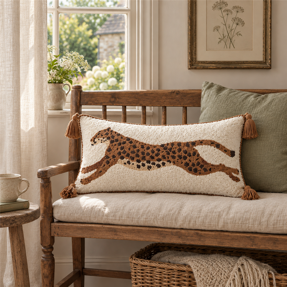 Brown leopard tassel lumbar pillow cover styled on a wooden bench by a sunlit window