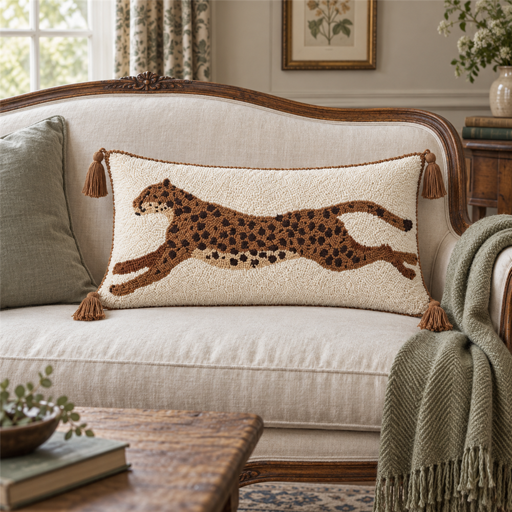 Prowl brown leopard lumbar pillow cover on a cream antique sofa with a sage green throw