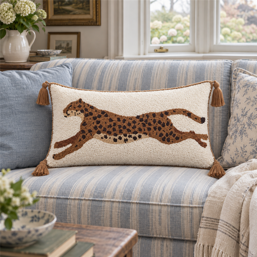 Brown and cream leopard tassel pillow cover on a pale blue striped sofa with blue accent pillows