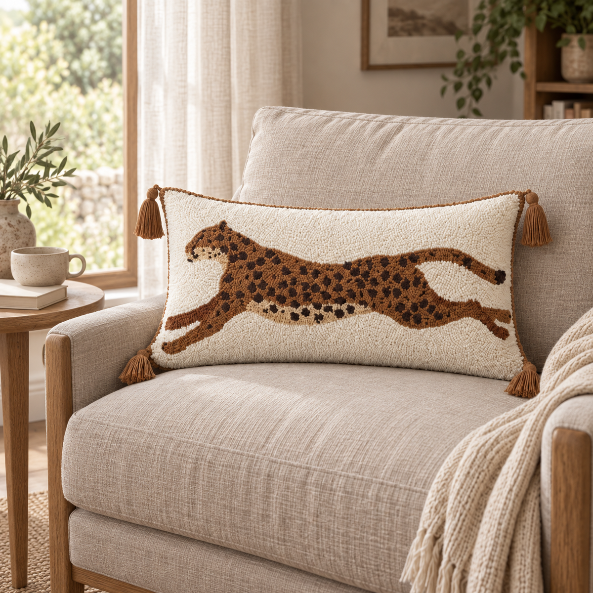 Close view of the brown tufted leopard tassel lumbar pillow cover on a light beige armchair