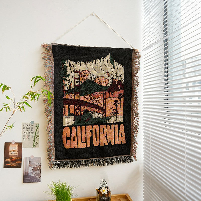 Roam Golden Gate Bridge vintage travel woven wall tapestry with fringe