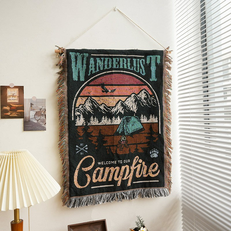 Roam tent campfire and mountain woven wall tapestry with fringe