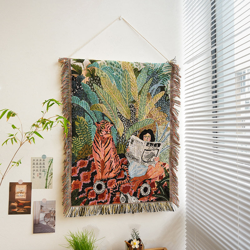 Roam tiger and tropical botanical woven wall tapestry