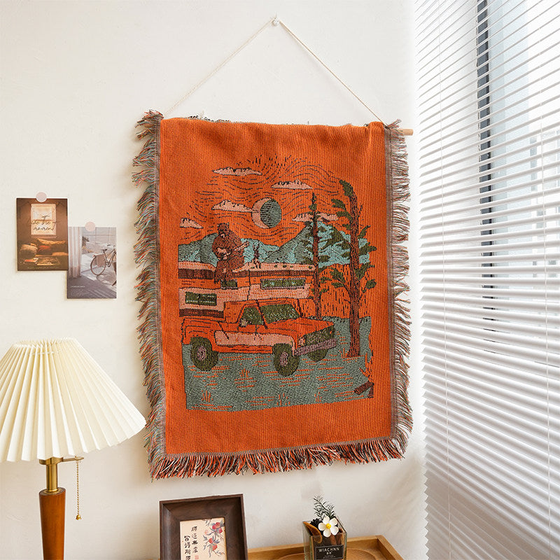 Roam retro camping truck and mountain woven wall tapestry with fringe