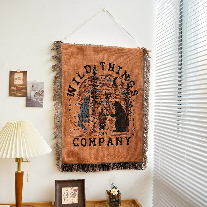 Roam wilderness bear and pine forest woven wall tapestry with fringe