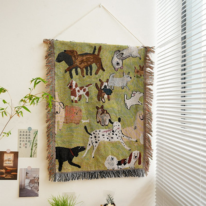 Roam playful dog pattern woven wall tapestry on green with fringe