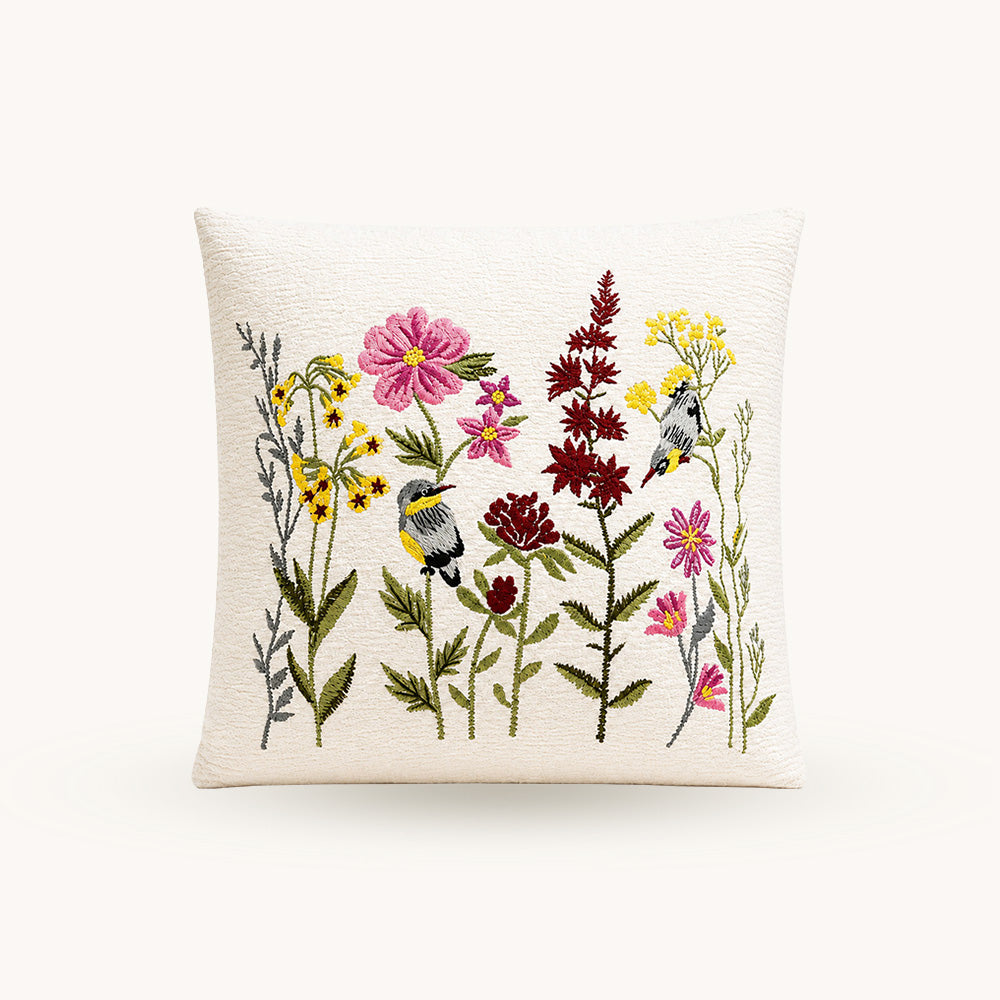 Songbird embroidered wildflower bird 18x18 pillow cover